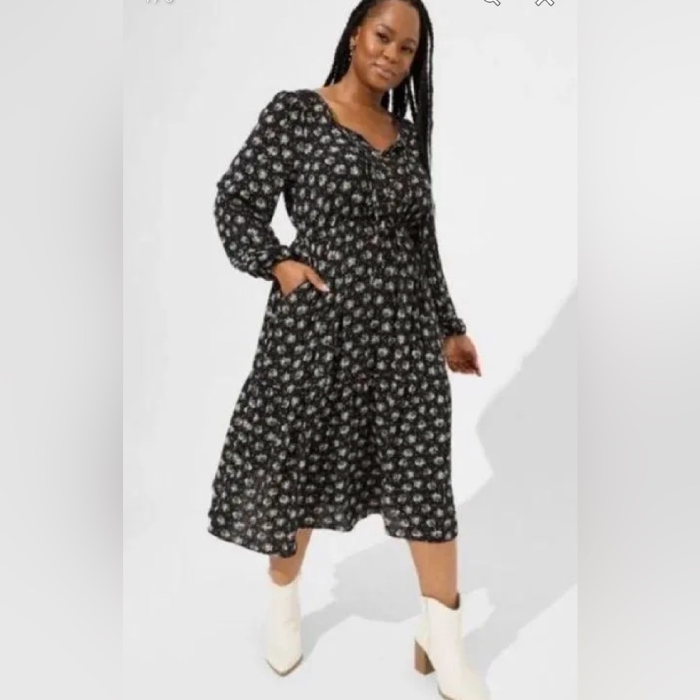 Torrid Midi Swiss Dot Pleat Black Rose Floral Long Sleeve Dress plus sz 6x(30)